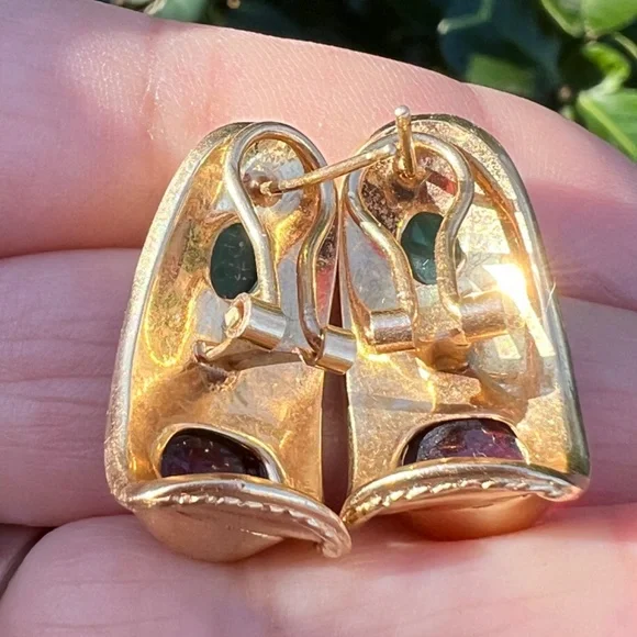 VINTAGE 14K GOLD CABOCHON GARNET GREEN CHRYSOPRASE EARRINGS STATEMENT CUSTOM - Picture 8 of 16